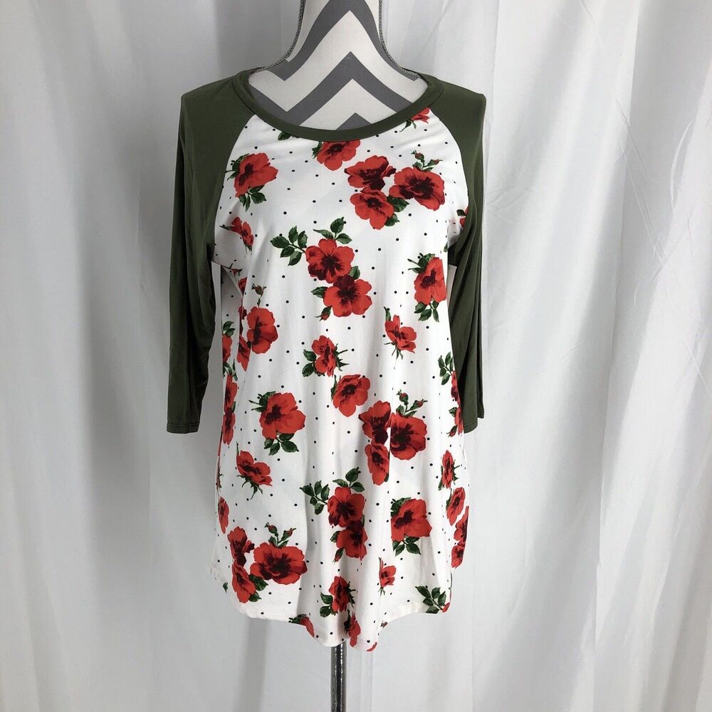 Chris & Carol Baseball Tee Olive Floral Polka Dot Size Medium
